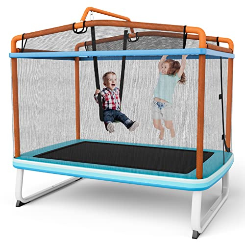 COSTWAY 3 en 1 Trampoline Extérieur Enfants Rectangulair (190x124cm) avec Balançoire & Barre Horizontale, Trampoline de Jardin avec Filet de Sécurité, Charge Max 100kg pour Garçon et Fille…