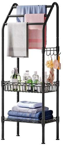 Solerconm Porte Serviette Salle de Bain sur Pied, Rangement Serviette Organisateur en Métal à 3 Niveaux, Étagère de Séchage avec Panier et Plate-Forme de Rangement
