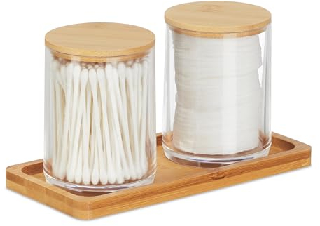 Relaxdays Wattestäbchenbehälter mit Tablett, 2 Becher m. Deckel, Kosmetik Organizer Kunststoff/Bambus, transparent/natur, Durchsichtig, Clear, Natural