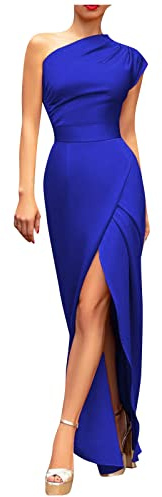 Robe De Soiree Femme,Robe De Cocktail Chic et élégant, Asymétrique éPaule Dénudée, sans Manches, Taille Haute, Fente sur Le Devant, Couleur Unie, Longue, Robe De Soirée pour Invités De Mariage