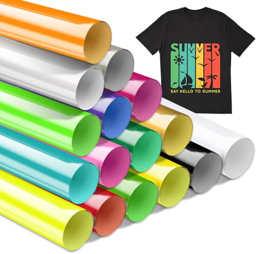 16 Farbe Smart Iron on für Cricut Explore 3/Maker 3, HTV zum Stoffe 33x33cm | Smart Heat Transfer Vinyl HTV Smart Iron on Vinylfolie Plotter Selbstklebend PU Plotterfolie Textil für DIY Stoffe T-Shirts