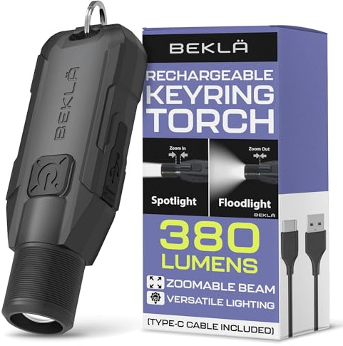 BEKLA Keyring Torch Zoomable - 380 Lumen LED Small Flashlight, Rechargeable, EDC Mini Light, Bright Pocket USB.