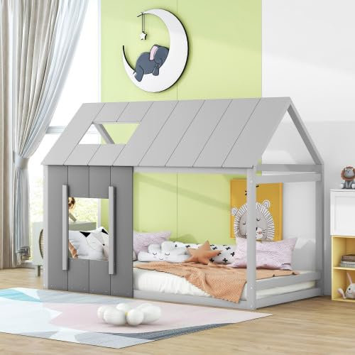 Modernes Multifunktions-Kinderbett, Flaches Hausbett Mit Dach Und Fenster, Perfekt Für Kinder- Und Jugendzimmer (matratze Nicht Im Lieferumfang Enthalten)(Color:Grau)