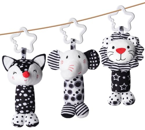 Aolso Juguete para cochecito de bebé, 3 piezas de sonajero colgante, juguete blanco y negro, juguete colgante para bebé, juguete para asiento de coche recién nacido para niños y niñas-León