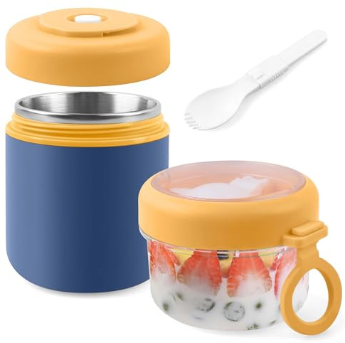 Acasimo Taza de cereales de acero inoxidable para llevar, 2 en 1, taza de yogur para llevar, con cuchara, 530 ml+330 ml, taza de cereales portátil a prueba de fugas, adecuada para congelador