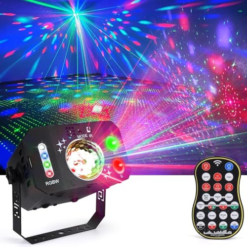 7 Objektiven Discolicht Partylicht, Fwiull Disco Licht mit Fernbedienung | Discokugel mit Stroboskop, Sprachsteuerte Discolicht Partylicht mit 2M USB Kabel für Festival Halloween Weihnachten Feiertage