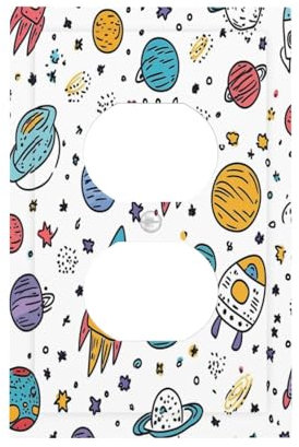 Mexpekil Colored Cartoon Universe Rockets Planets Light Switch Cover, 1 Gang Single Duplex Wall Plates, Decorative Outlet Covers Switchplate for Home Office