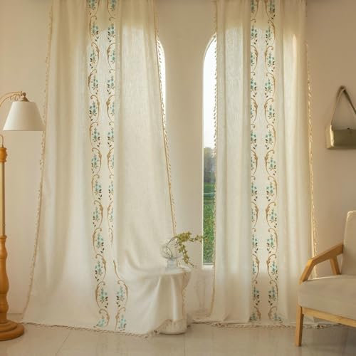Mesnt Gardine Schlafzimmer, Zyan 140x260cm Blumen Blätter Bestickt Vorhang für Wohnzimmer, Ösen