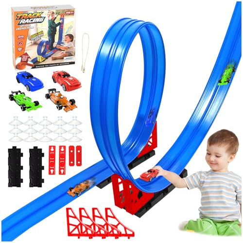 Audasi Piste Macchinine per Bambini 4M, Pista Flessibile Macchinine con 4 Macchinines Pista Auto Pistas Giocattolo Pistas Macchinines Arrotolabile Regali per Ragazzi E Ragazze Tool