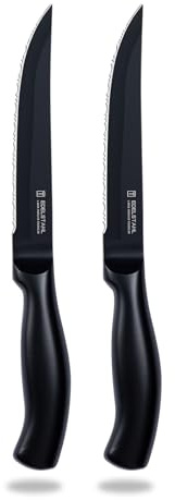 targzier Steak Knives Set of 2,Stainless Steel Steak Knife,Serrated Edge Knife,Sharp Forged Kitchen Knifes,Anti Slip&Scratch Resistant,Black