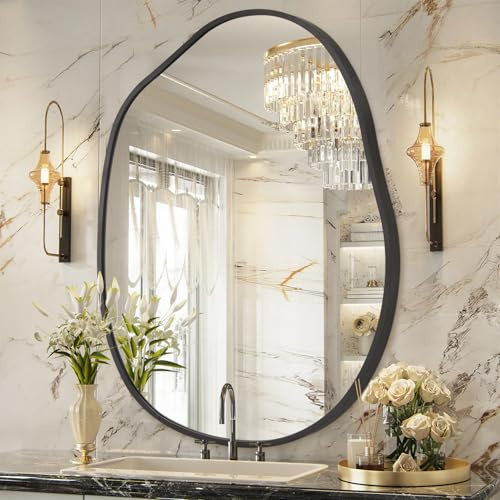 HLFMVWE Large Irregular Wall Mirror Asymmetrical Bathroom Mirror Decorative 55X75 CM Black Asymmetrical Mirrors Aluminum Alloy Frame for Bathroom, Living Room, Entryway, Bedroom