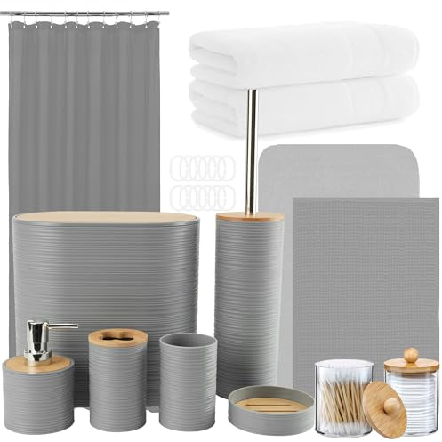 Icegrey 25-teiliges Bambus-Badezimmer-Zubehör-Set mit Duschvorhang-Set und Teppichen, Becher, Zahnputzbecher, Seifenspender, Seifenschale, WC Bürste, Mülleimer, Qtip Halter und Handtuch, Grau