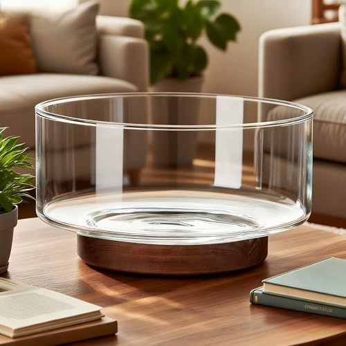 HUSHAX Ensaladera Para Ensalada Sobre Estructura De Madera,Cuenco De Cristal, Material De Vidrio Sin Plomo, Diseño De Gran Capacidad, Alta Estabilidad, Para Ensaladas, Frutas