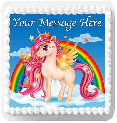 Personalised Message Unicorn Rainbow 7.5inch SQUARE Edible Icing Cake Topper Decoration. Perfect for large cakes