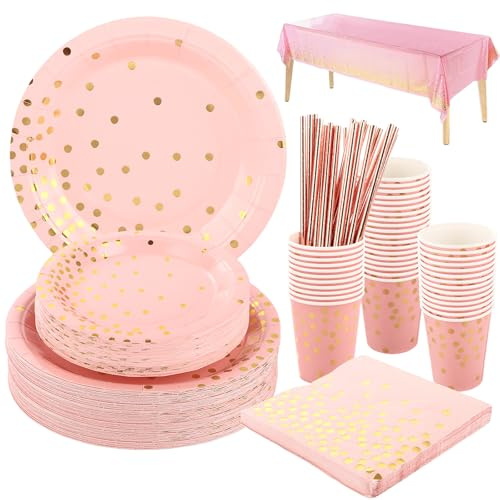 DAJAVE 252 platos de papel de fiesta de 7 y 9 pulgadas, platos de papel rosa y dorado, juego de vajilla de fiesta que incluye papel, platos, servilletas, tazas, popotes, mantel para fiestas y picnics