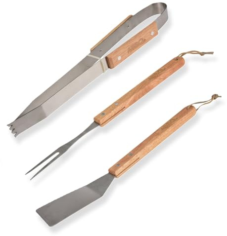 Envenzo BBQ Tools Set 3Pcs With Wooden Handle Stainless steel Outdoor/Indoor Barbecue Grill Tools Kit Includes Fork, Spatula and Tongs