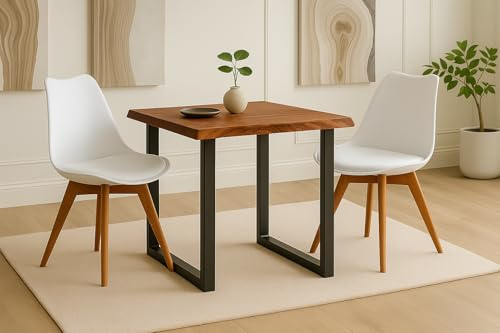 SAM 3 TLG. Essgruppe Josy | Esstisch mit 2 Stühlen | 80x80 cm mit Baumkante | Holz Nussbaum-Optik | 40 mm Platte | U-Gestell Schwarz | 2X Schalenstuhl Weiß + Gestell in Nussbaumfarben