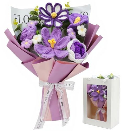 AIGOCITY Crochet Flowers Bouquet,Hand Knitted Rose Crochet Flower Bouquet for Home Decor Anniversary Weddings Birthdays Mother's Day with Gift Bag and Greeting Card,Purple