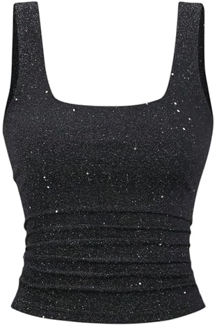 GORGLITTER Women's Glitter Crop Tank Tops Going Out Vest Sparkly Tops Black