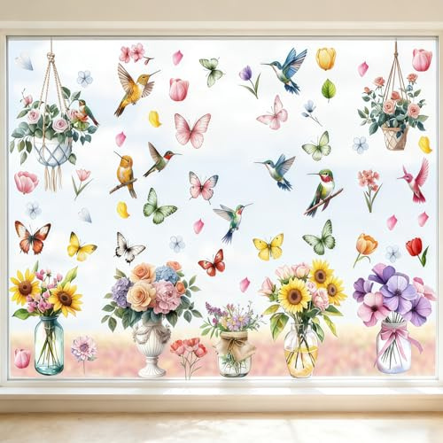 9 ark självhäftande fönsterbilder vår, återanvändbara fönsterklistermärken med blommor och fjärilar motiv (E)