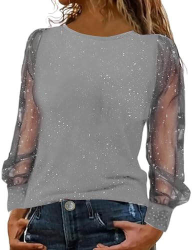 Generico Blusa Donna Elegante con Paillettes Cerimonia Tops Pizzo Maniche Lunghe Maglietta con Glitter Sexy Taglie Forti Camicetta Brillantini Maglia da Sera Curvy Camicia Oro per Feste e Serate
