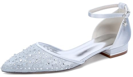 Yhsdfcn Spets och Satin Mix Bröllopsskor Dam Platta Brudskor Strass Spetsiga Ballerinaskor d'Orsay Ankelrem med Kristallhänge Bekväma Festskor Elegant,Silver,37 EU