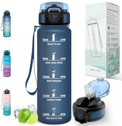 Motswedi Borraccia 1 litro, con cannuccia, Bottiglia d'acqua Motivazionale, con Indicatore di Tempo, Borraccia Palestra 1 litro, per Corsa, Ciclismo, Palestra, Yoga, Blu Scuro