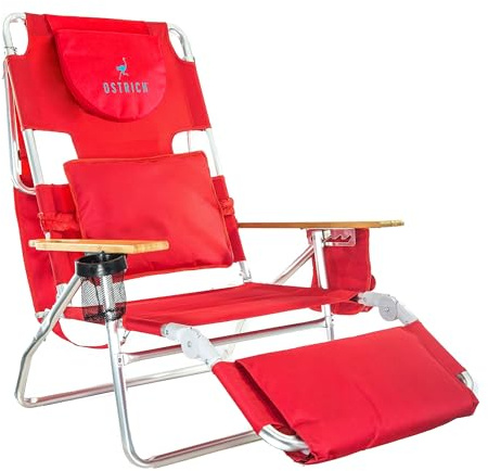 Ostrich the Deluxe 3N1 Lightweight Lawn Beach Reclining Lounge Chair with Footrest, Outdoor Furniture for Patio, Balcony, Backyard, or Porch, Red