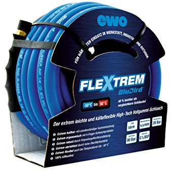ewo Druckluftschlauch FleXtrem BluBird | Premium Voll-Gummischlauch mit High-Tech-Gewebe, extra-leicht, Innen-ø: 9,5 mm, Wandstärke: 3 mm, G 3/8 BSP, 10 m-Rolle, max. 20 bar Betriebsdruck