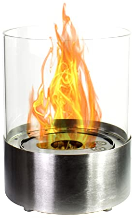 GLOW FIRE Ethanol Tischkamin Emma (rund) - stilvolles Tischfeuer Outdoor & Indoor mit Langer Brenndauer und TÜV-Zertifikat - Deko-Kamin für Tisch, Garten oder Balkon, 27x20,5 cm - Silber (Edelstahl)