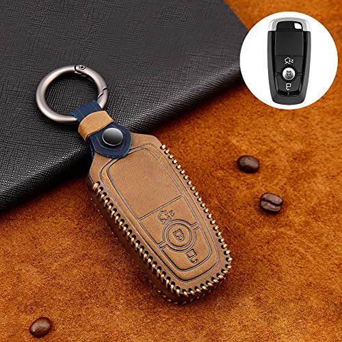ontto Rindsleder Autoschlüssel Hülle Cover für 2017-2019 Ford Mustang Explorer Edge Fusion Mondeo F150 F250 F350 F450 Schlüsselhülle mit Schlüsselanhänger Schlüssel Schutz Etui Fernbedienung-Braun