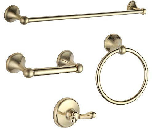 BGL Bathroom Hardware Set, Brushed Shiny Gold Adjustable Expandable Towel Bar 4-Piece Towel Ring Robe Hook Toilet Paper Holder Bathroom Accessory Set Wall Mounted