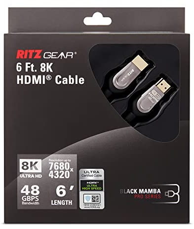 Ritz Gear 8K HDMI 2.1 Cable 6 ft. 48 Gbps Ultra High Speed Braided Nylon Cord & Gold Connectors - 10K/8K@60Hz UHD Video/4K@120Hz/4K@60Hz/2K/1080P. Compatible with UHD TV/Monitor/PC/PS5/Xbox