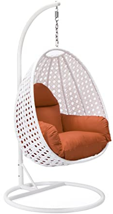 LeisureMod White Wicker Rattan Hanging Egg Swing Chair with Stand and Cushion for Indoor/Outdoor Bedroom Patio, Orange