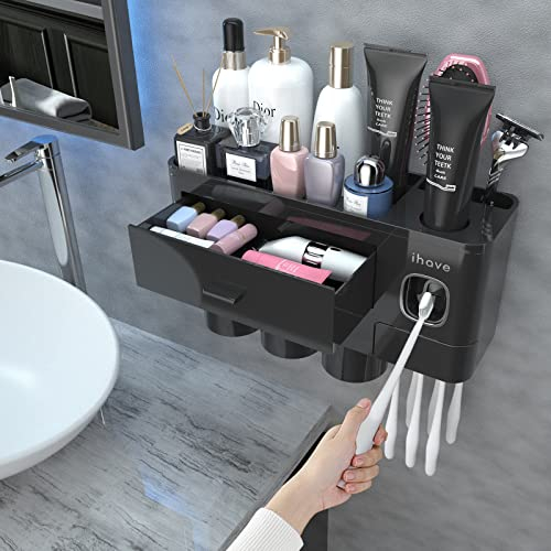 iHave Zahnbürstenhalter, Badezimmer Organizer Zahnbürstenhalter Wand mit Zahnpastaspender, 3 Becher, Schublade, großer Kapazität Zahnbürsten Organizer Badezimmer Deko in Schwarz