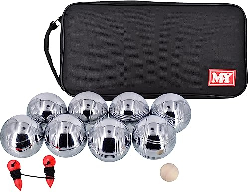 KandyToys Set di 8 palline in metallo, palline in acciaio resistenti con custodia per il trasporto per giochi di bocce e prato, giochi all'aperto