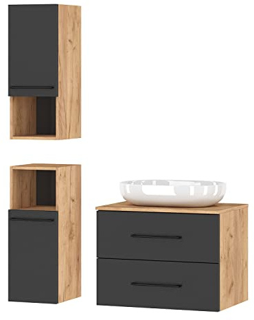 Planetmöbel Set completo di mobili da bagno Set | completo di mobili da bagno 4 pezzi da 70 cm con lavabo da appoggio e 2x mobile midi, nei colori rovere oro/antracite