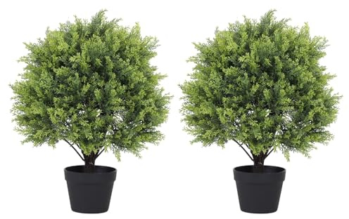 2ft Artificial Cedar Topiary Ball Trees Outdoor, 24 UV Resistant Faux Potted Plants Outside, Realistic Fake Greenery Evergreen Pine Cypress Bushes Shrubs for Front Porch Planter Indoor Decor Set of 2