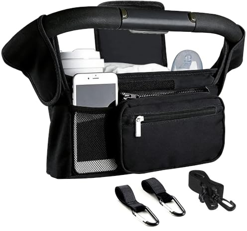 Tyuodna Baby Pram Bag Stroller,Universal Stroller Bag with 2 Insulated Cup Holder,Large Capacity Bag Organiser,Buggy Organiser Bag with Shoulder Strap&Non-Slip Secure Hooks (Balck)