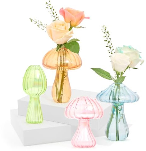 XXXFLOWER Plant Propagation Stations 4PCS Colourful Glass Bud Vase Small Flower Vases for Table Decoration Sweet Pea Vase in Bulk for Flowers Glass Mushroom Gifts for Home Wedding Decor