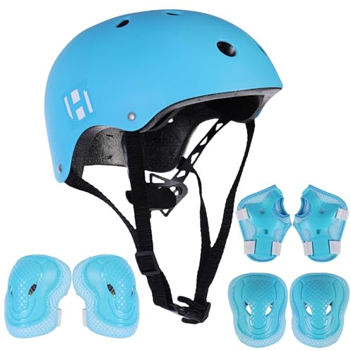 Habib Gruppe Casco da bicicletta regolabile e set di 6 protezioni – ventilato, ginocchia, gomiti, polsi, 8 – 13 anni, ragazze e ragazzi, bicicletta, scooter, arrampicata, skateboard