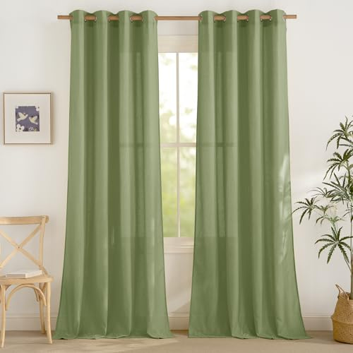 PONY DANCE Leinen Vorhang Wohnzimmer Gardinen Halbtransparent Landhaus | Grün,2er Set,H245 x B140 cm,Boho Gardinen Leinenoptik mit Ösen,Leinenvorhang Vintage Schlafzimmer,Linen Curtains