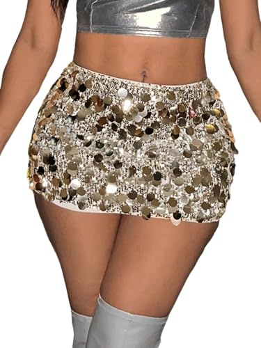 GORGLITTER Paljettkjol damer kort glitterkjol minikjol med paljetter festival outfit fest outfit kjolar mycket kort Y2k kjolar, Guld, L