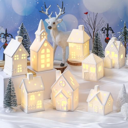 Wesiti 28-teiliges Keramik-LED-Weihnachtsdorf-Set beinhaltet 8 LED-Weihnachtsdorfhäuser, 18 Weihnachtsbäume, 2 Lampenstangen, Dekoration, weißes Porzellan, Weihnachtsfigur, Dekoration, Tischregal