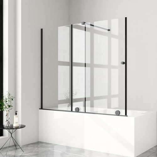 Duschwand für Badewanne Schiebetür 115 x 140 cm Badewannenaufsatz Duschtrennwand Duschabtrennung mit 6mm ESG Sicherheitsglas, Schwarz
