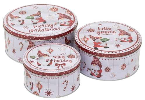 Carousel Home Set of 3 Gonk Christmas Storage Tins | Triple Festive Gnome Round Nesting Tins | Fairy Cake Biscuit Cookie Muffin Treat Storage Set