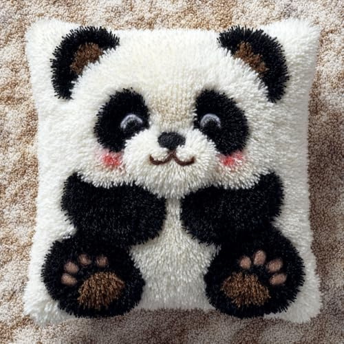 AMBATTERY Kit Crochet de Verrouillage Panda animalier Kit de Coussin à Loquet Kits Tapis Point Noué à Faire pour Débutants, Latch Hook Canevas Coussin Point 43x43cm