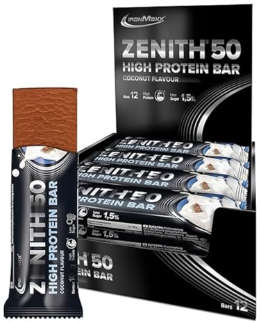 IronMaxx Zenith 50 High Protein Bar - Kokosnuss - 12x100g | Eiweißriegel mit 50% Protein | Low Sugar Snack mit cremiger Umhüllung | High Proteinriegel für Muskelaufbau, Diät & Fitness
