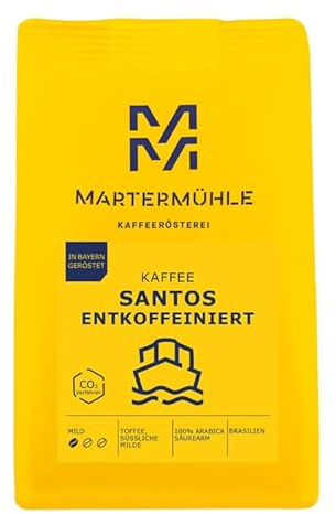 Martermühle Santos Kaffeebohnen entkoffeiniert 500g mild I Arabica I Aromen: Süßliche Milde, Toffee I Ganze Kaffee-Bohnen schonend geröstet, säurearm