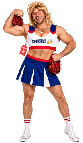Fun Shack Cheerleader Kostüm Herren, Lustiges Halloween Kostüm | Oberteil & Rock, Blau-rotes Cheerleader-Design, Zum Überziehen, Perfekt für Halloween, Ideal zum Verkleiden